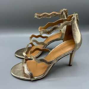 J. Crew Metallic Crackle Three Strap Scalloped Heels Gold Size 7